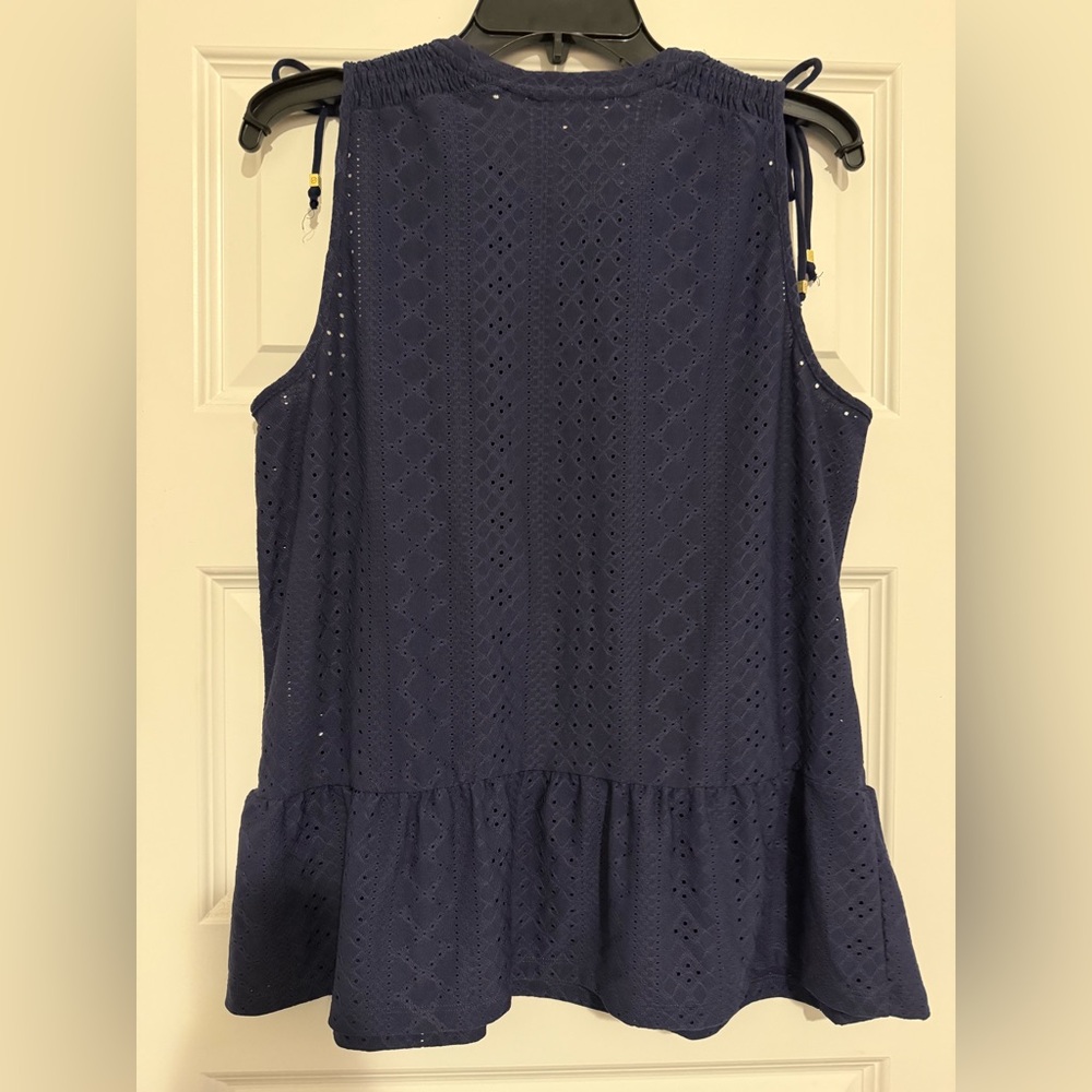 Michael Kors Navy Peplum Eyelet Ruched Shoulder Tank Top Blouse Medium - Picture 4 of 5